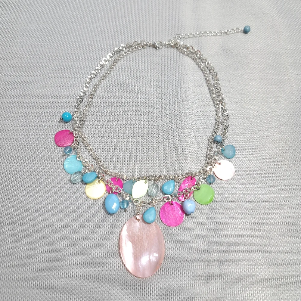 Women's Necklace Pink & Blue Acrylic Beads & Mother Pearls Silver Tone 10 Inches